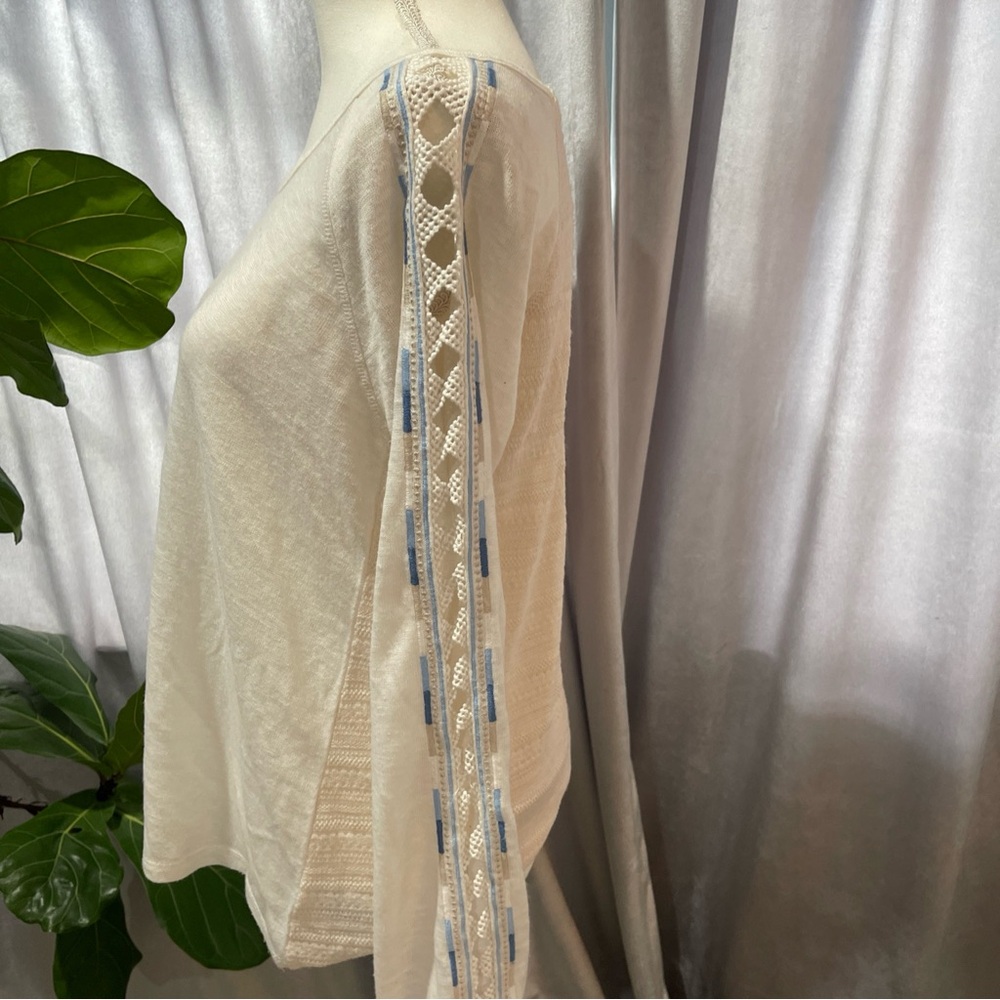 Miss Me Long Sleeve Top-Knit Sleeves - Cream & Blue- Women's Medium